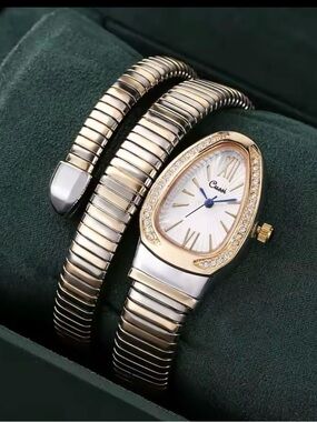 New Elegant Silver and Gold Snake Wrap Watch